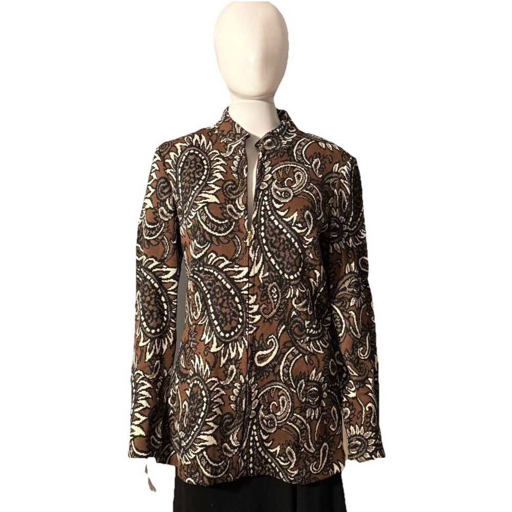 St. John Cardigan Sweater Jacket Brown Burnt Orange Paisley Full Zip Luxury SZ M